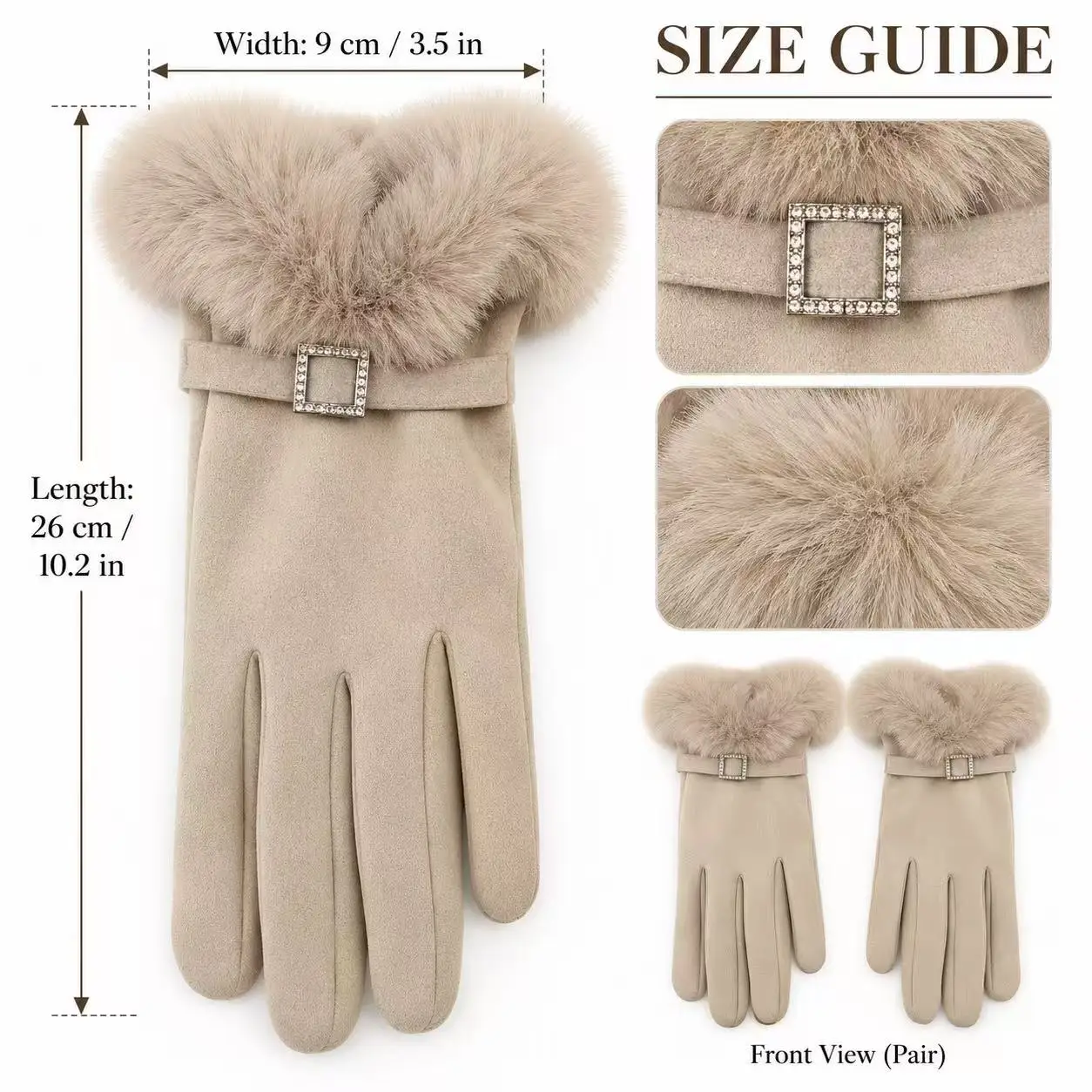 Women V-Opening Furry Cuff Five Fingers Warm Gloves, Fashion Rhinestone Square Buckle Winter Gloves For Daily Commute And Dating