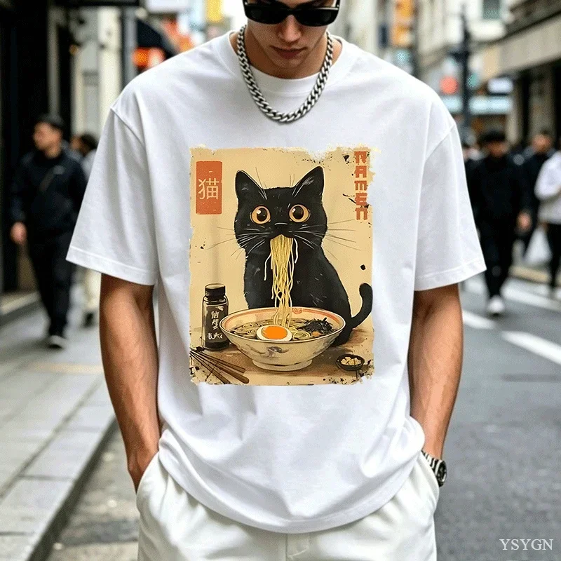 Cute Anime Ramen Cat T-Shirt Man Women - Novel Round Neck Short Sleeve T-Shirt Gift Clothing Graphic T Shirts Summer Streetwear