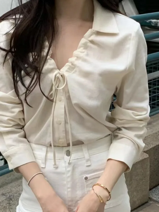 E Csa Blanca para Mujer, Moda de Primavera, Cuello en V, Diseño con Cordón, Csa cada, Estilo Casual, Manga L...