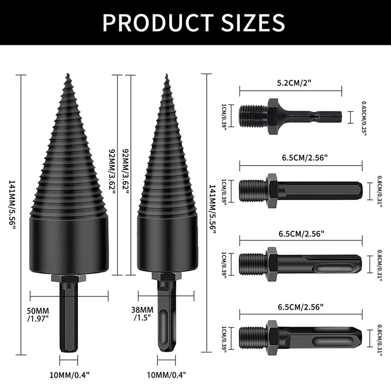 BAAG-6 PCS Divisor de troncos de leña, brocas divisorias de troncos de 38 mm + 50 mm, divisor de troncos de madera + 4 manijas
