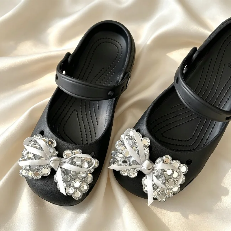 Sweet Imitation Water Diamond Bownot Charm Shoe Accessories Set Designer Clog Hole Shoes Mary Jane Shoes Decorations for Women