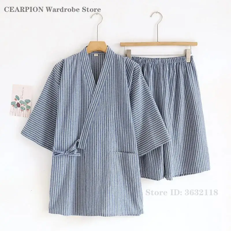 

Japanese Kimono Robes Pajamas Set for Men's Striped Cotton Sleepwear Summer New Short Sleeved Shorts Home Clothes Lounge Wear