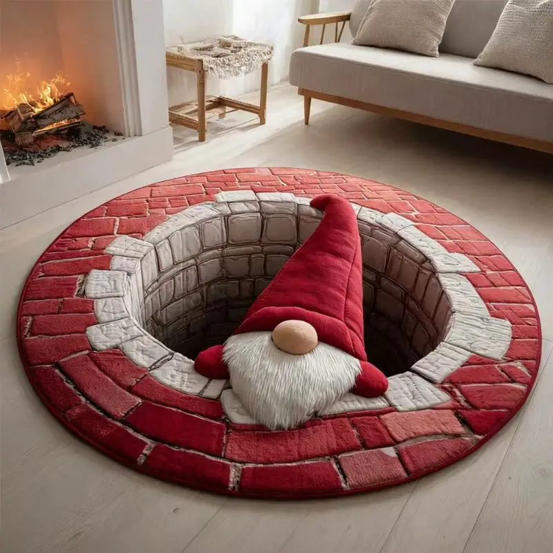 VIKAMA Christmas Round Rug Gnome Brick Well 3D Cozy Area Rug Living Room Holiday Home Decor Aesthetic Art Premium Stunning