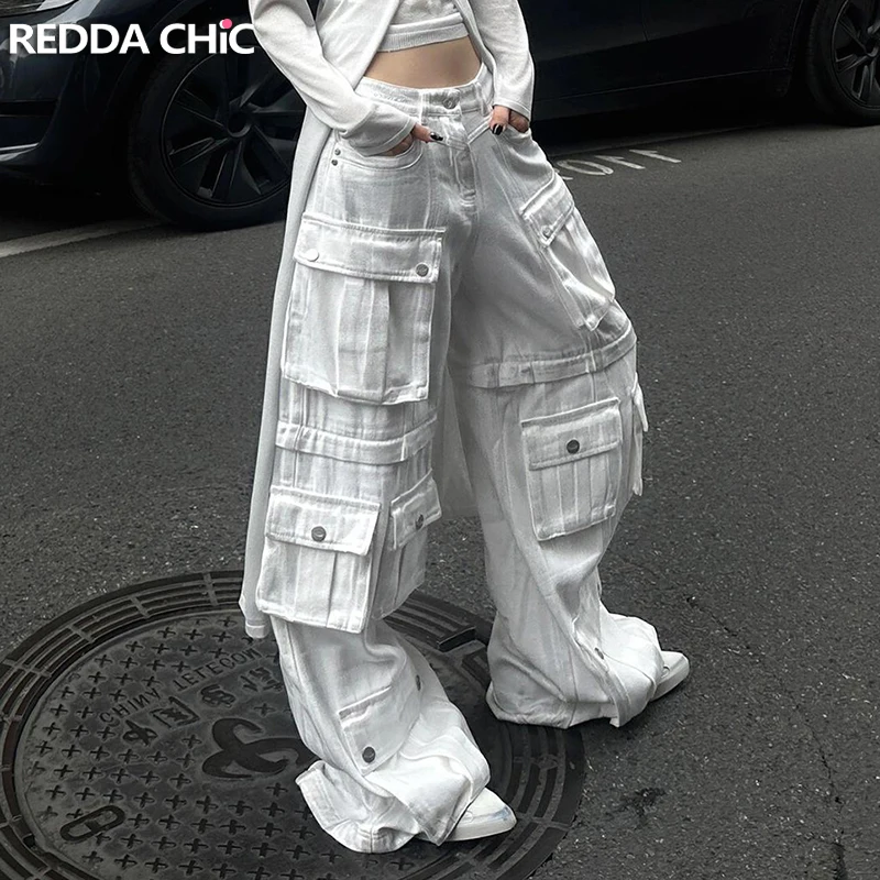 ReddaChic Dirty White Denim Cargo Pants Women Vintage Wash Pockets High Rise Wide Leg Trousers Baggy Jeans Hiphop Streetwear