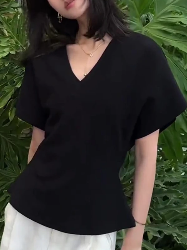 

Корейский топ Gtuq с V-образным вырезом, утягивающий, с коротким рукавом, женская модная летняя одежда премиум-класса, с завышенной талией, в стиле Хепбёрн