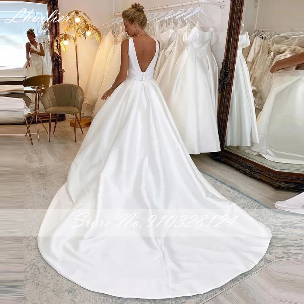 Lhuillier 2 in 1 Sexy V Neck Satin Wedding Dresses Sleeveless High Slit Backless Bridal Dress with Detachable Train