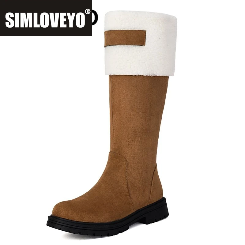 

SIMLOVEYO Брендовые женские зимние ботинки с круглым носком на плоской подошве из флока, замша на молнии, смешанные цвета, большой размер 46 47 48, теплые сапоги до колена для отдыха