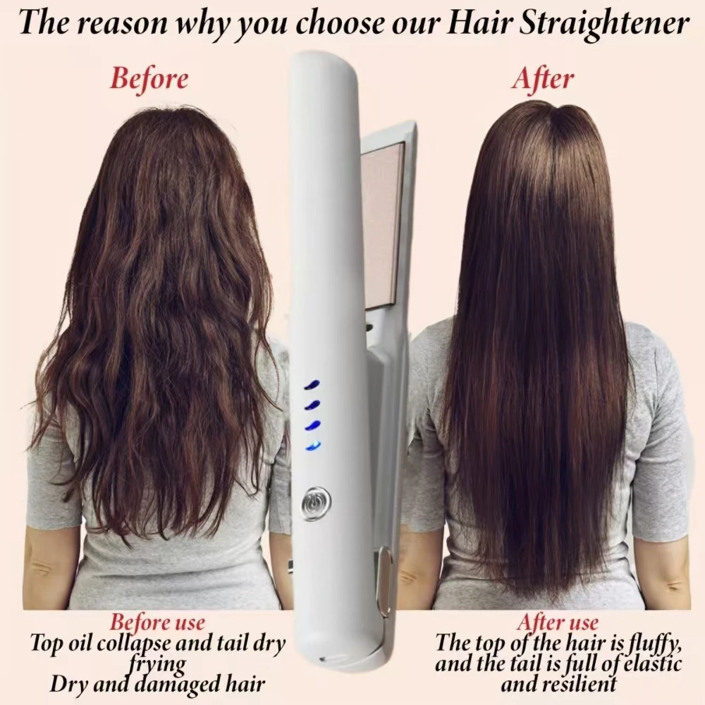 Cordless Ceramic Hair Straightener Brush 2-in-1 Curler Mini Portable Travel with 2600mAh Durable Lithium Battery Type-C USB Char
