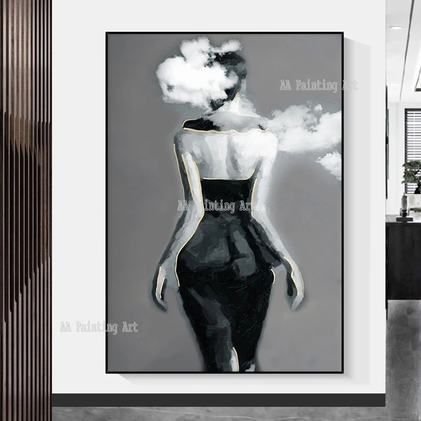 Hotel Wall Decoration Sexy Woman Picture Oil Painting Portrait Canvas Wall Art Handmade Black And White Nordic Wall Poster Art