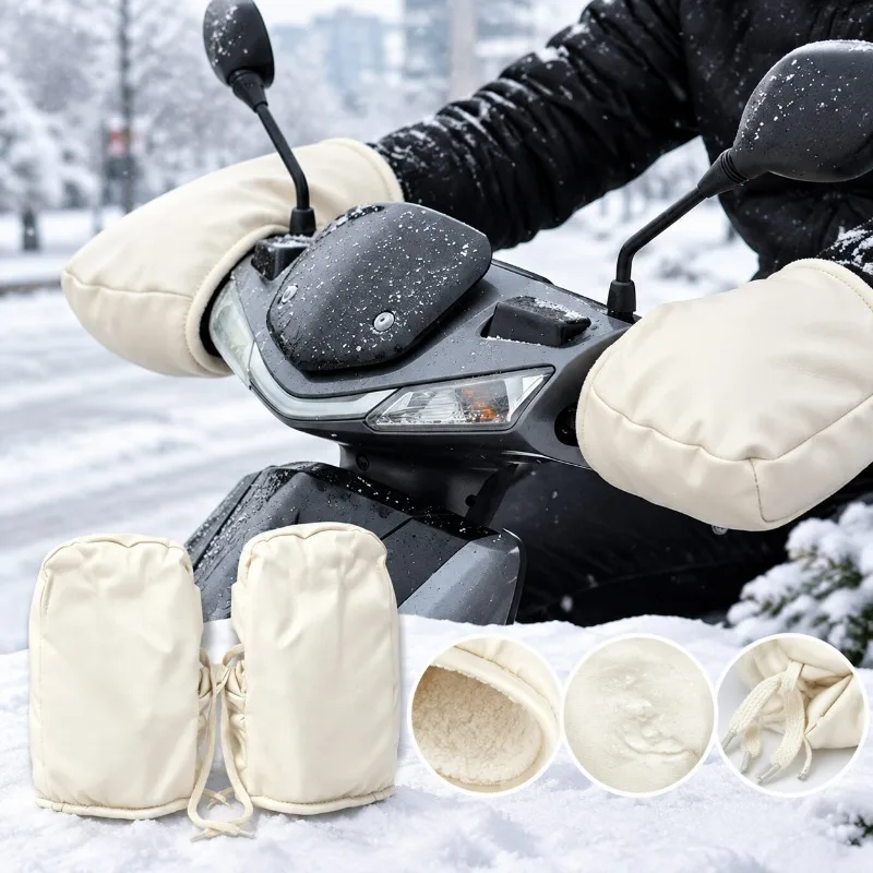 Winter Motorcycle Handlebar Muffs Thick Thermal Grip Covers Windproof Warm Flannel Mittens for Electric Bike Scooter Bicycle