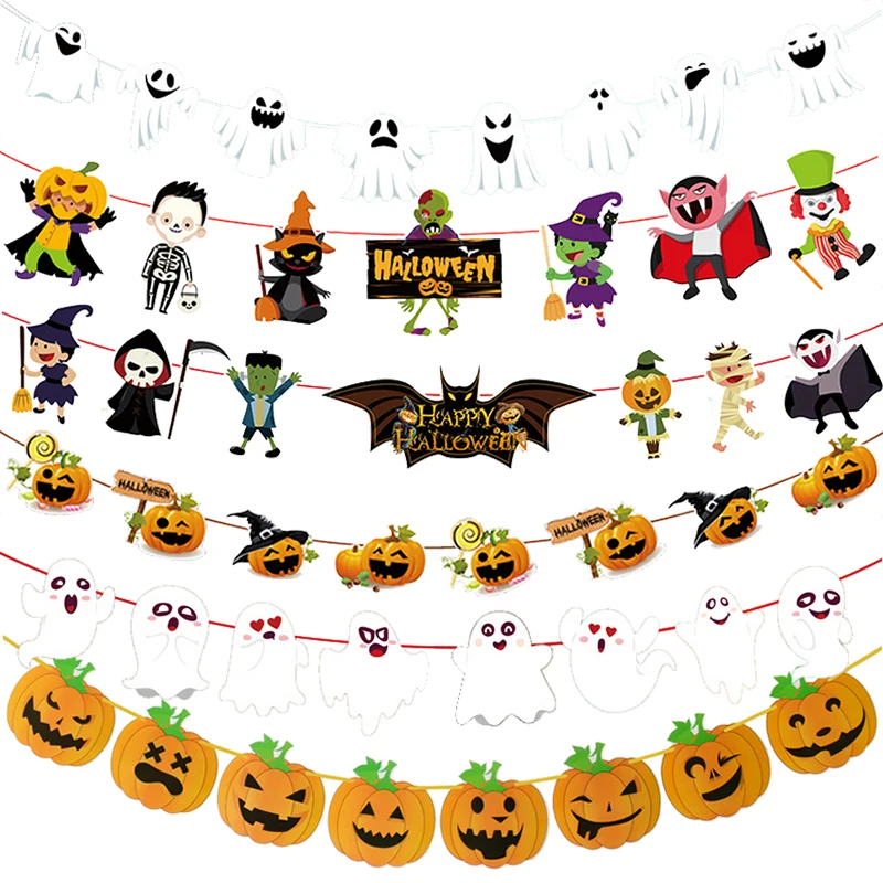 1set Halloween Party Decoration Paper Bunting Banners Ghost Garland Bat Hanging Pumpkin Hanger Wall Door Hallows Eve Decor Suppl