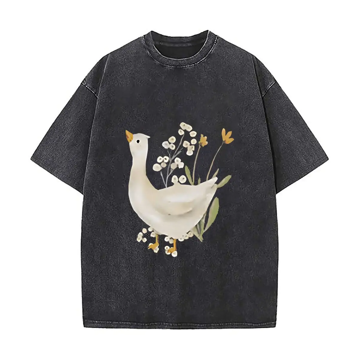 Decorative Ceramic Goose Figurine Floral Home Decor Vintage Distressed Loose Streetwear Tops for Campus Days