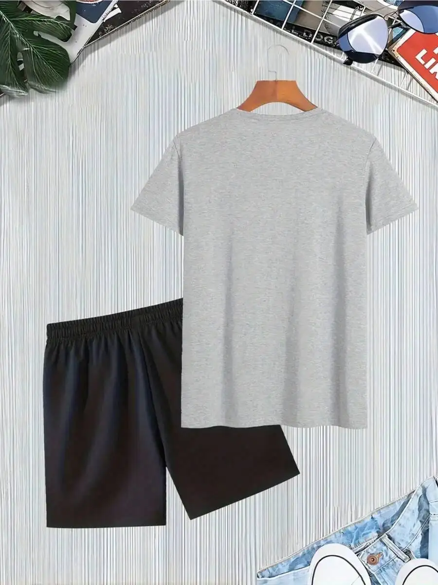 

Mens Gray Short Sleeve T-Shirt And Black Elastic Waist Shorts 2-Piece Set Casual Summer Outfit