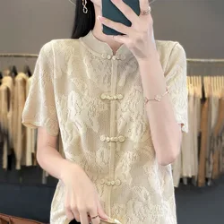 2024 Summer New Ice Silk Short sleeved T-shirt Women's Loose Pullover Bottom Women's Top