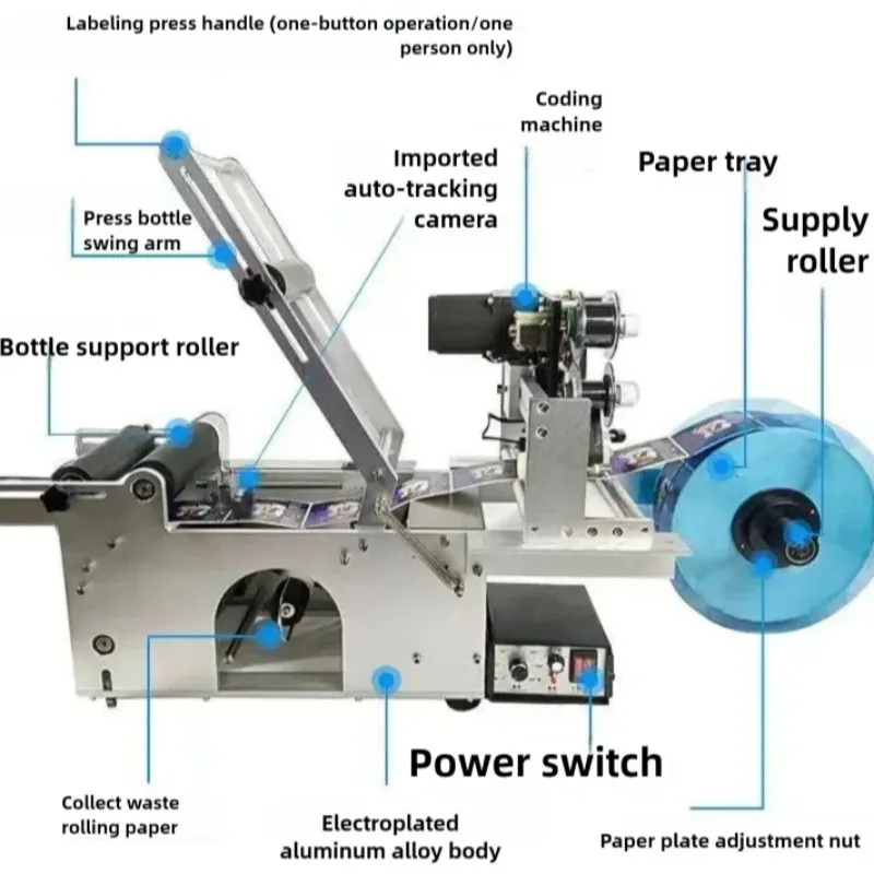 

Полуавтоматическая машина для этикетирования круглых бутылок с датером - Автоматическая система этикетирования снаружи и внутри для цилиндрических контейнеров 360° °