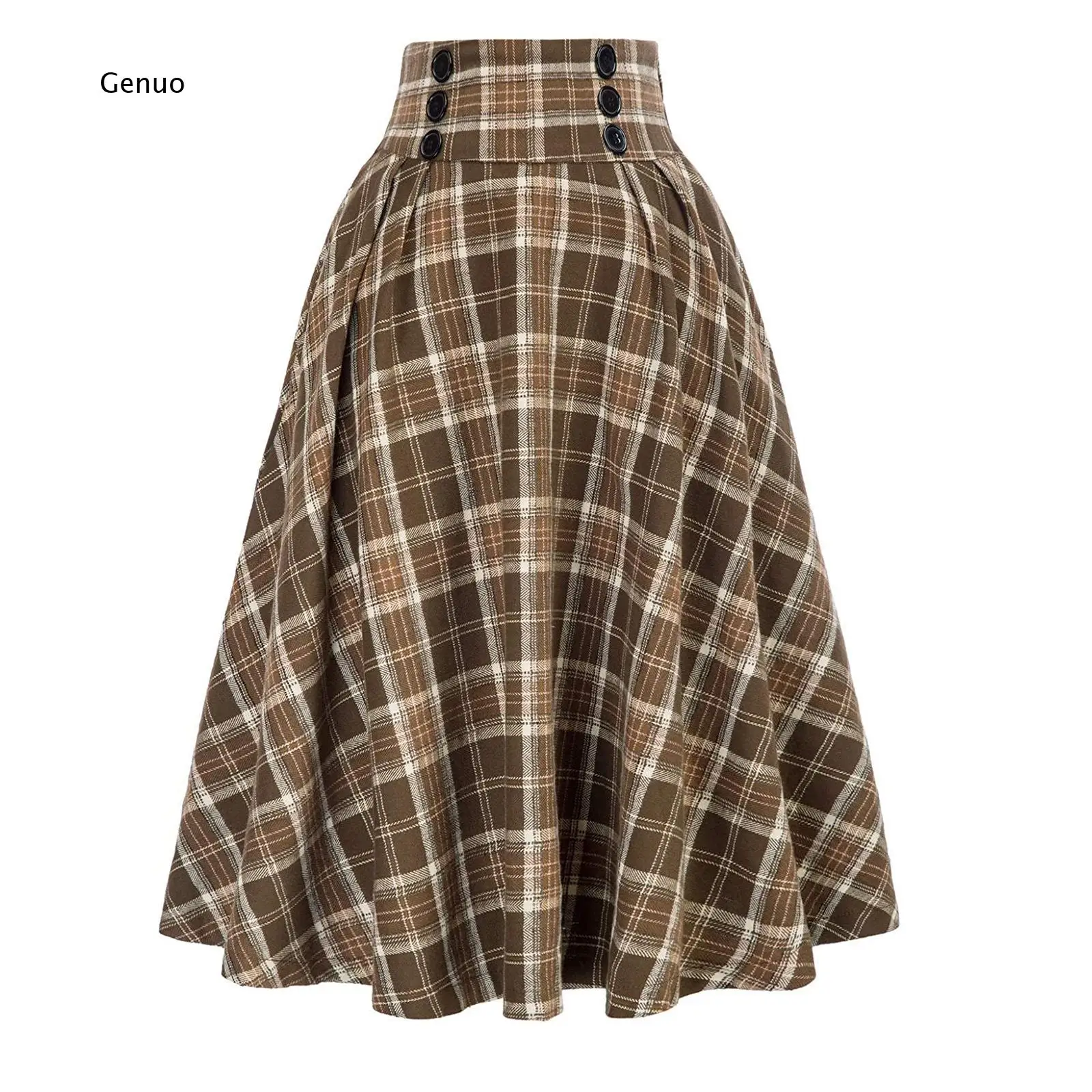 2026 Women High Waist Plaid Maxi Skirt Elastic Waist A Line Swing Long Skirt Autumn Winter Daily Wear