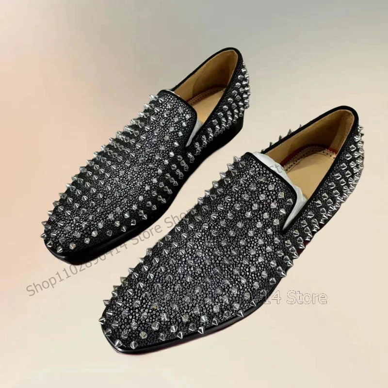 

Silver Rhinestone Rivets Decor Square Toe Loafers Fashion Slip On Men Shoes Luxury Handmade Party Feast Wedding Men Dress Shoes