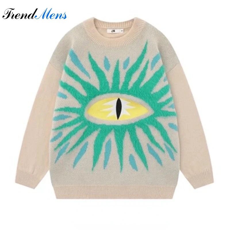 

Men's Eye Pattern Knitwear Funny Jacquard Loose Versatile Sweater High Street Couple Fashion Harajuku Pullover Sueter Listrado