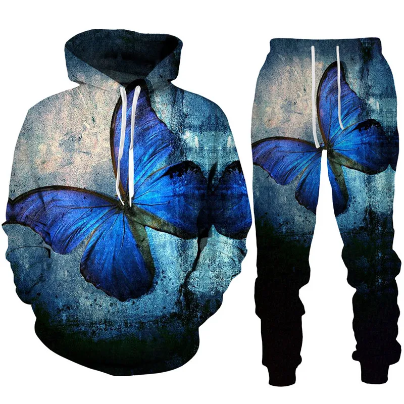 Novidade 3d impressão borboleta hoodie/calças/terno masculino e feminino casual com capuz pulôver moletom esporte wear feminino duas peças faixa