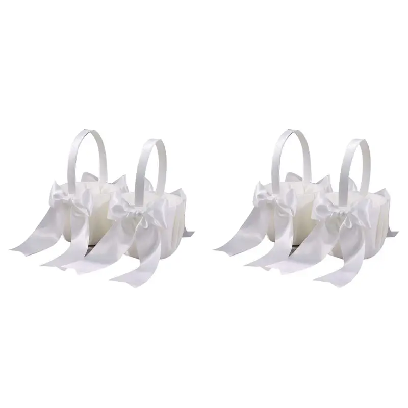 BHTS-4Pack White Flower Girl Basket Wedding Basket For Flower Girls Cute Satin Flower Girl Basket