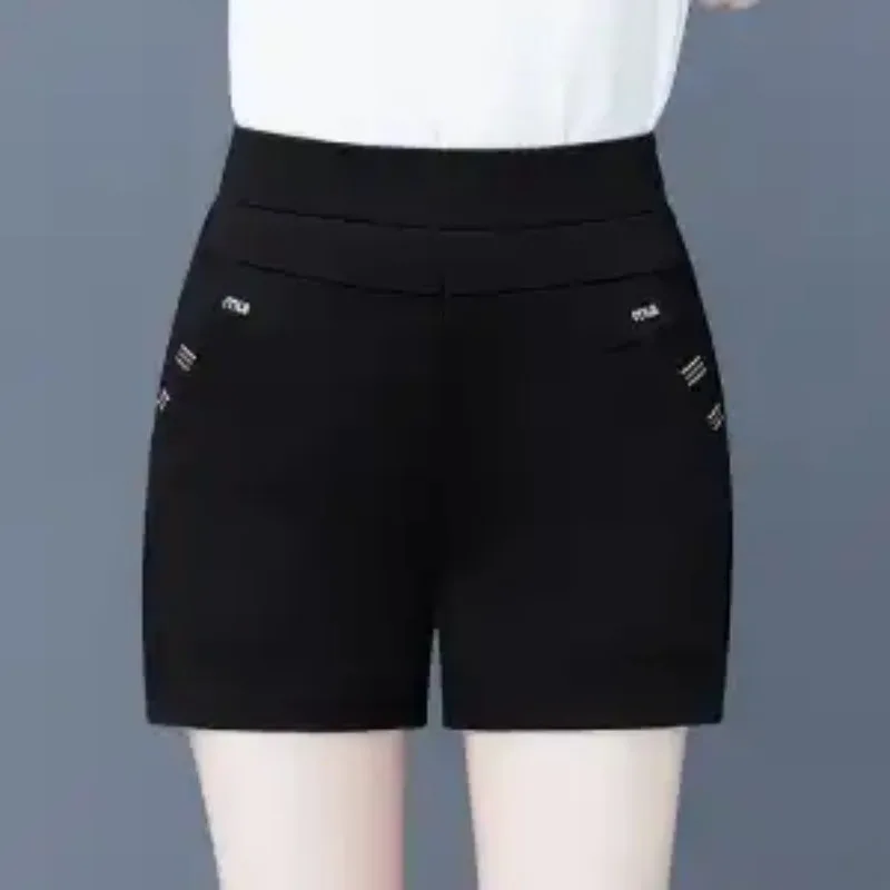 Women High Waist Striped Pocket Suit Shorts Elastic Waist Slim Casual Daily Mom Style Short Pants