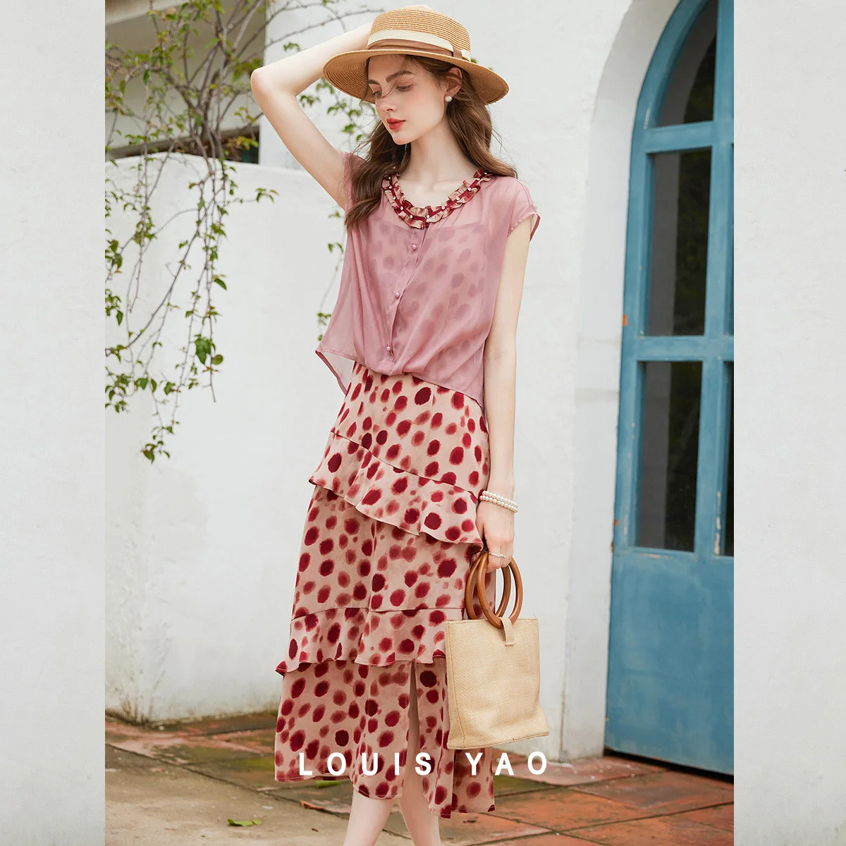 

LOUIS YAO Elegant Ruffled Women's Set 2025 Summer Two-piece Set Pink Blouse and a Ruffled Paneled Hem Polka-dot Camisole Dress