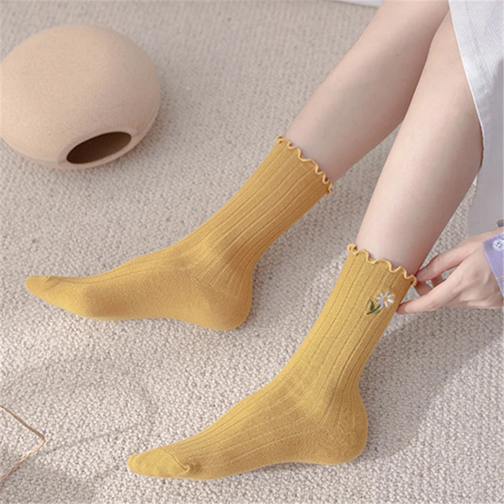 Chic Embroidery Frilly Cartoon Floral Socks Women Kawaii Calcetines Cute Chaussettes Preppy Lovely Princess Mori Girl Style Gift