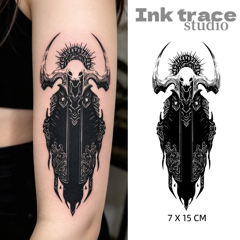``` Gothic Bull Skull Totem Temporary Tattoo Sticker Waterproof Black Dark Occult Fake Body Tattoo for Arm Forearm Halloween ```