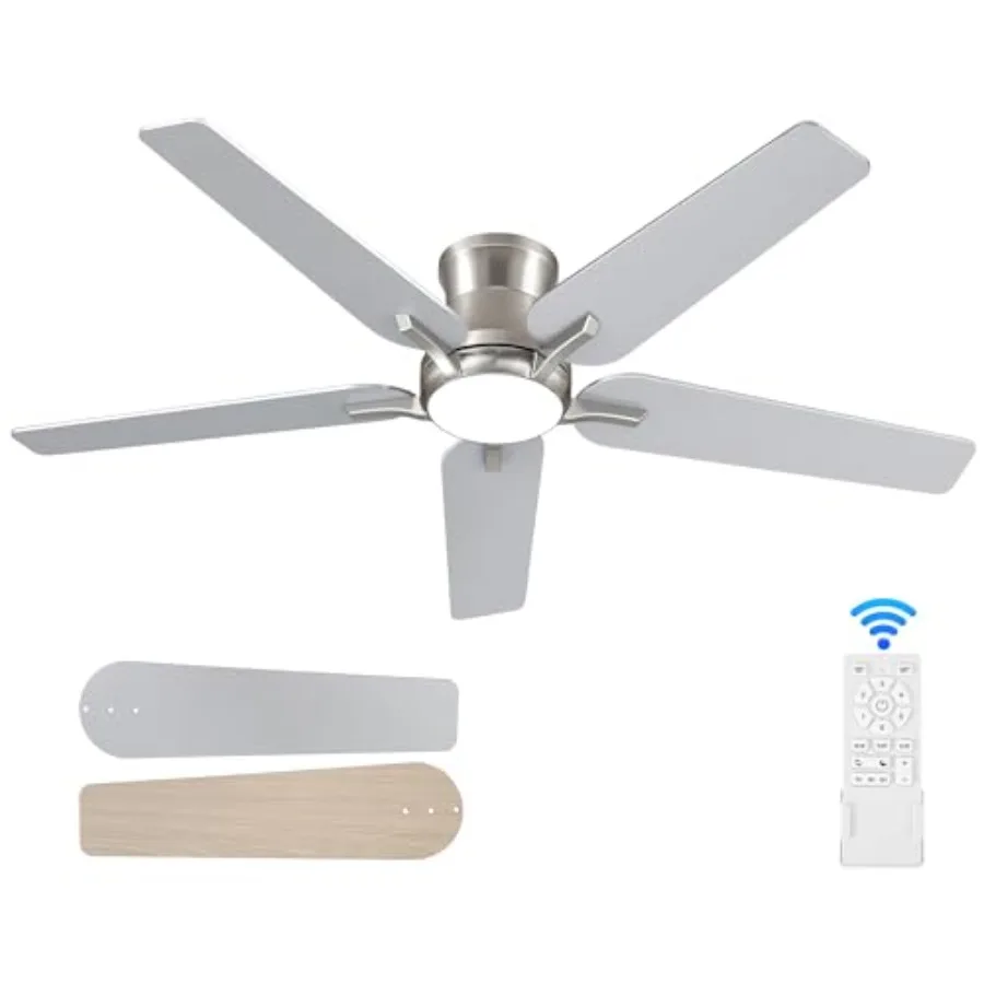 

52 Inch Ceiling Fans with Lights and Remote, Brushed Nickel Flush Mount Low Profile Ceiling Fan for Bedroom, Living Room, Patio