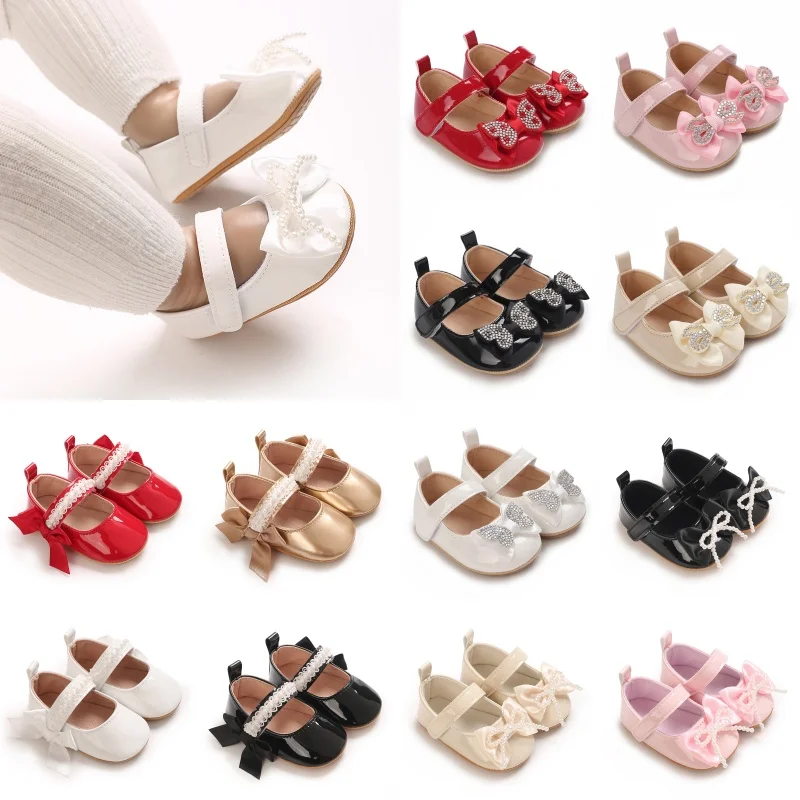 

Baby Girls Pearl Bow Princess Mary Jane Shoes、0-18M Infant Pre-Walker Shoes Soft Sole Party Casual Baby Footwear