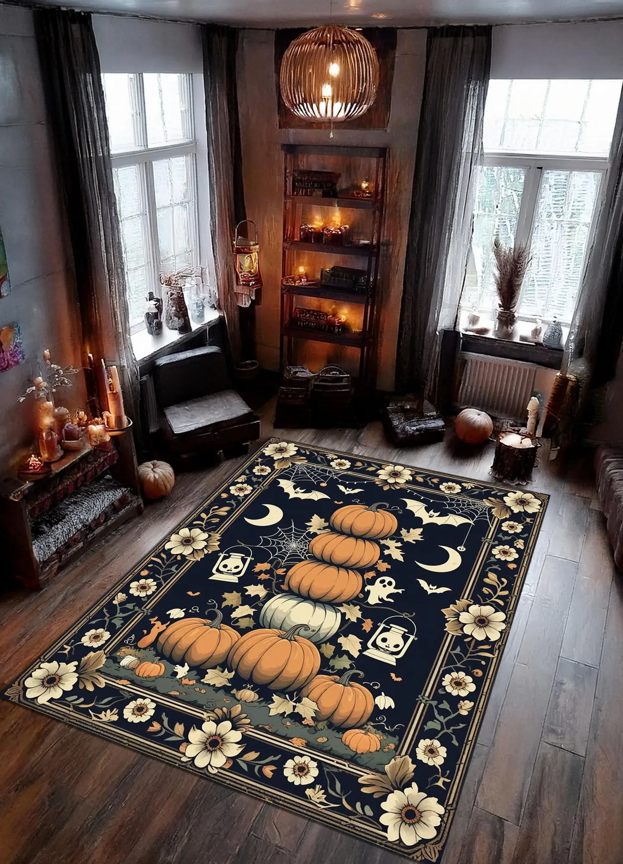 Large Area Rug Upside Down Red-Eyed Bat Foil Golden Astrology Wheel Print Thorny Vine Pumpkin Brambles For Apartment Lounge