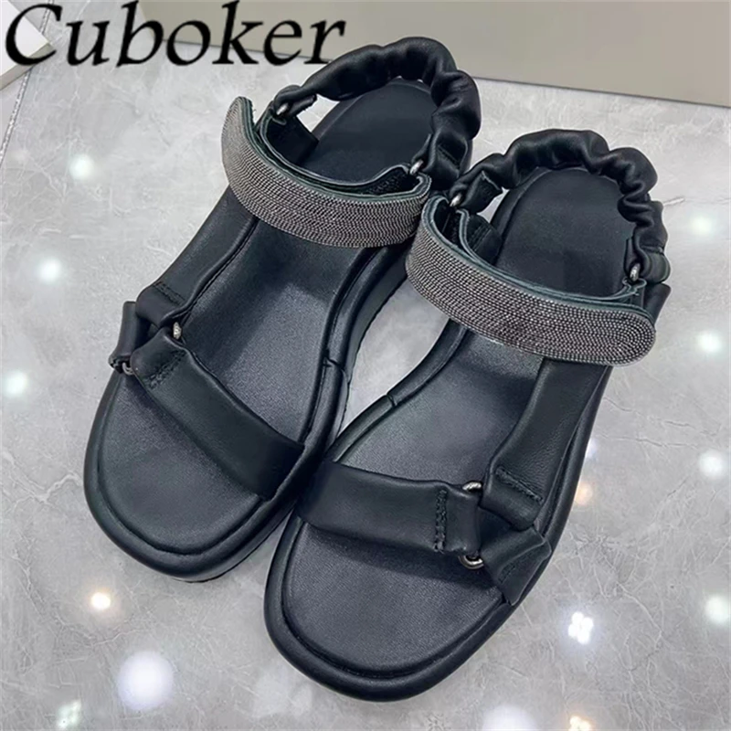 

2024 Summer Genuine Leather Flat Sandals For Women Thick Sole Open Toe String Bead Rome Sandals Casual Beach Sandalias Femininas