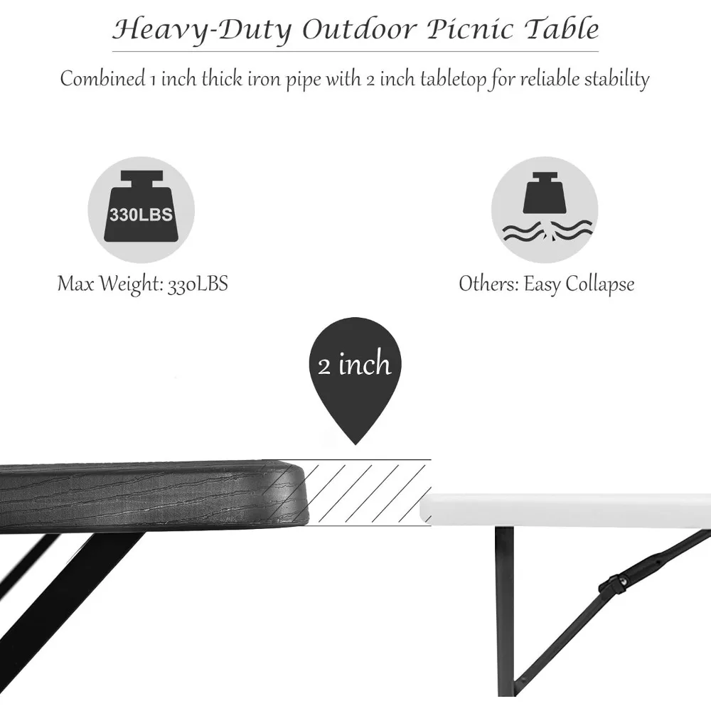 Picnic Bench Set Outdoor Camping Metal Base Wood-Like Texture Backyard Poolside Dining Party, Large Picnic Tables