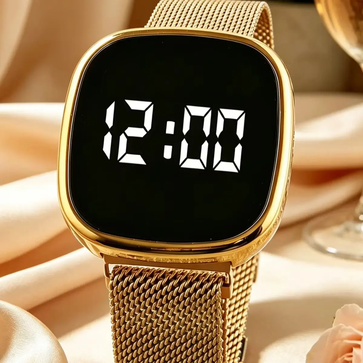 Women's Elegant Square Touch Screen Electronic Watch Paired with a Matching Color Bow Bracelet