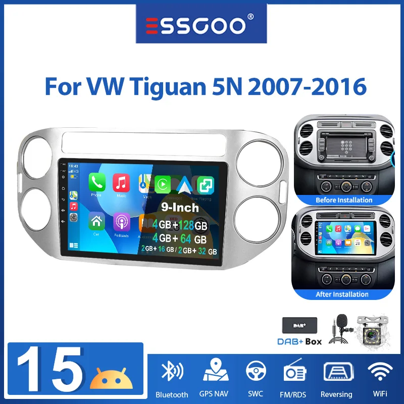 ESSGOO 9-Zoll Android 15 2+16G/2+32G/4+64G Kabelloses Carplay Android Auto für VW Tiguan 5N 2007-16 Golf Plus 2004-2013 Autoradio GPS-Navigation Bluetooth FM SWC Wifi ASP RDS Mirror Link IPS