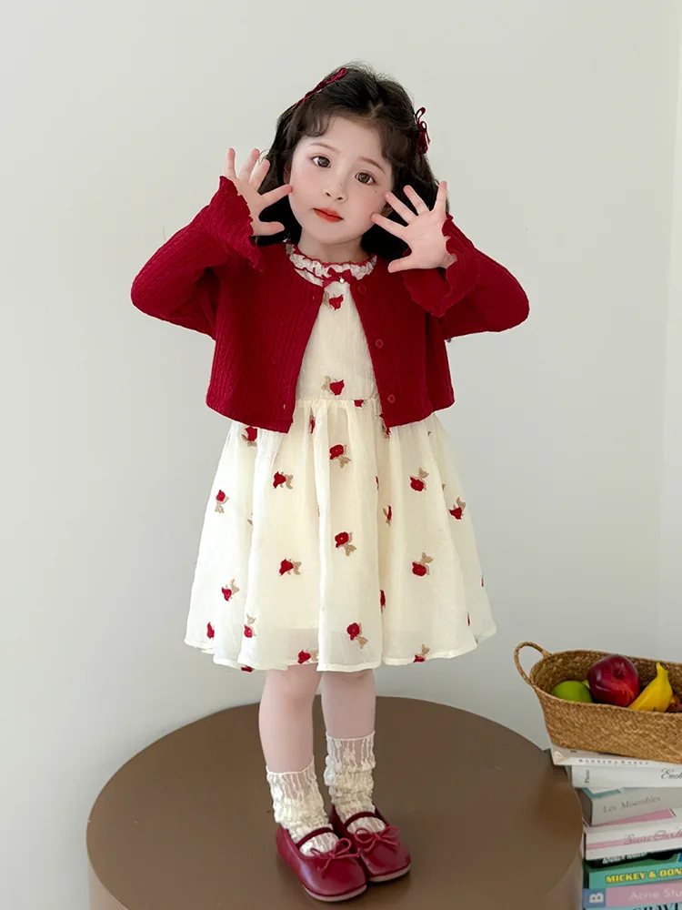 

Girls Sweet Dress Suit Spring and Autumn Clothes2025New style children's trendy cardigan vest dress set for little girls