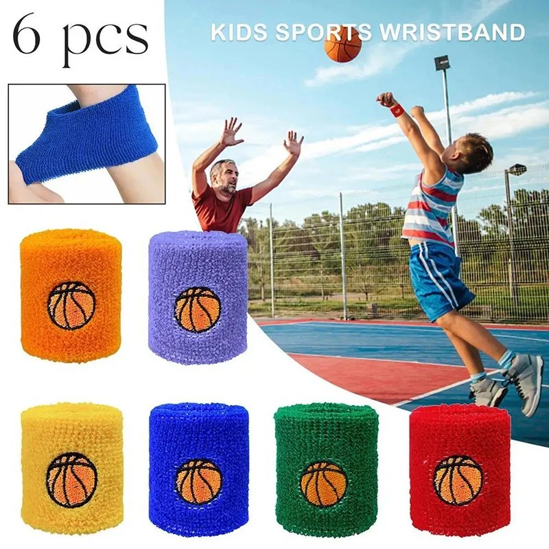 6PCS Colorful Sport Wristband For Children Sweatband Wrist Protector Running Soccer Rugby Basketball Brace Terry Sweat Band