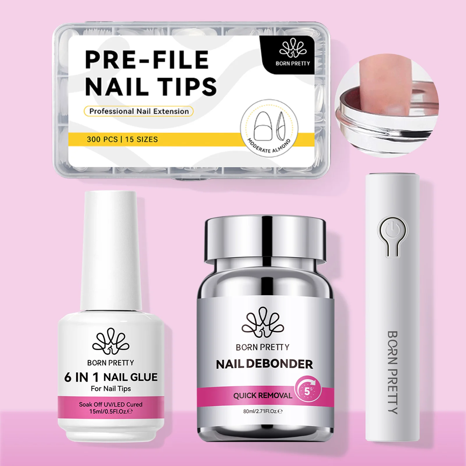 

BORN PRETTY 80ml Nail Debonder Glue for Fake Nail Tips Set 6 in 1 Nail Tips Glue with Magic Remover Tools Manicure Salon Set Kit