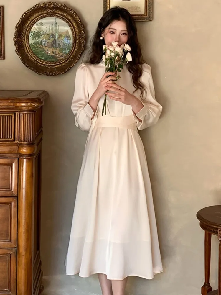 

Women Elegant Vintage Satin Slim Waist Long Sleeves Midi Dress Casual Office Lady V-neck Lace-up Dress Korean Basics Outfits