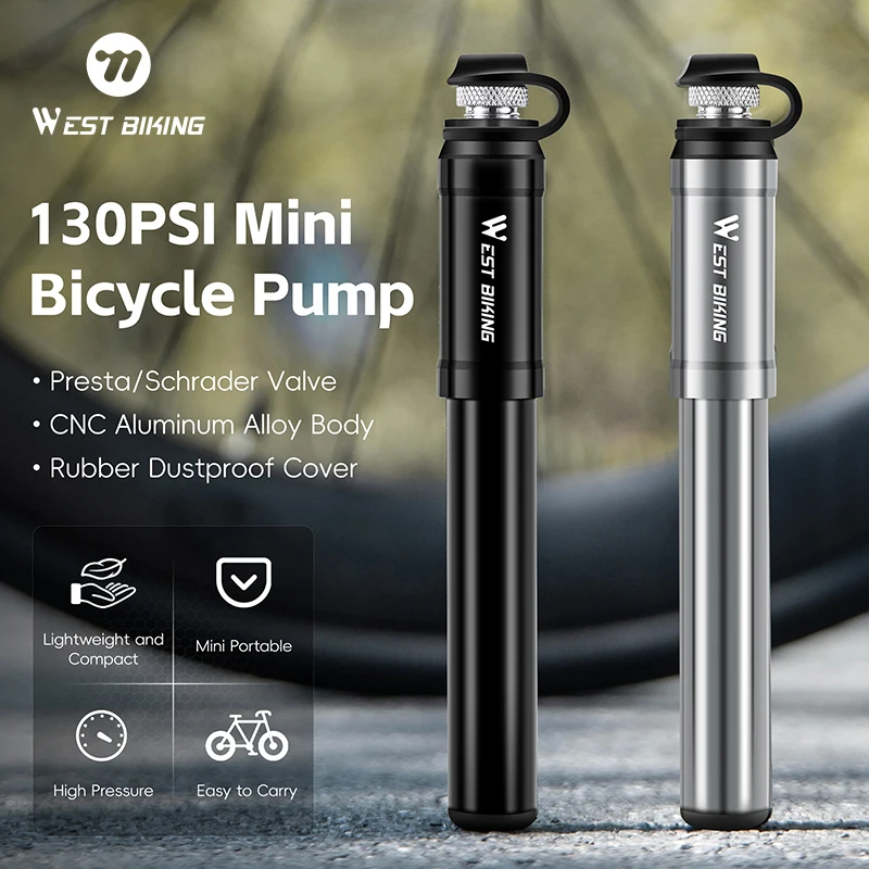 WEST BIKING Portable Mini Bike Pump 130PSI High Pressure Air Pumps Presta/Schrader Valve Aluminum Alloy Bicycle Tire Inflator