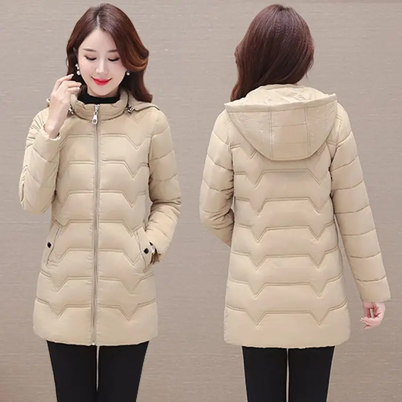 Winter Mid Length Hooded Jacket Women\'s Lightweight Slim Fit Down Cotton Coat Korean Fashion Mom Elegant and Generous Parkas