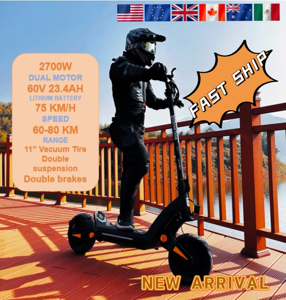 

DRIVETRON Fast Ship 2700W 60v Dual Motor Single Motor Electric Scooter 11 Inch Max Speed 75km/h Lcd Display Folding E scooter