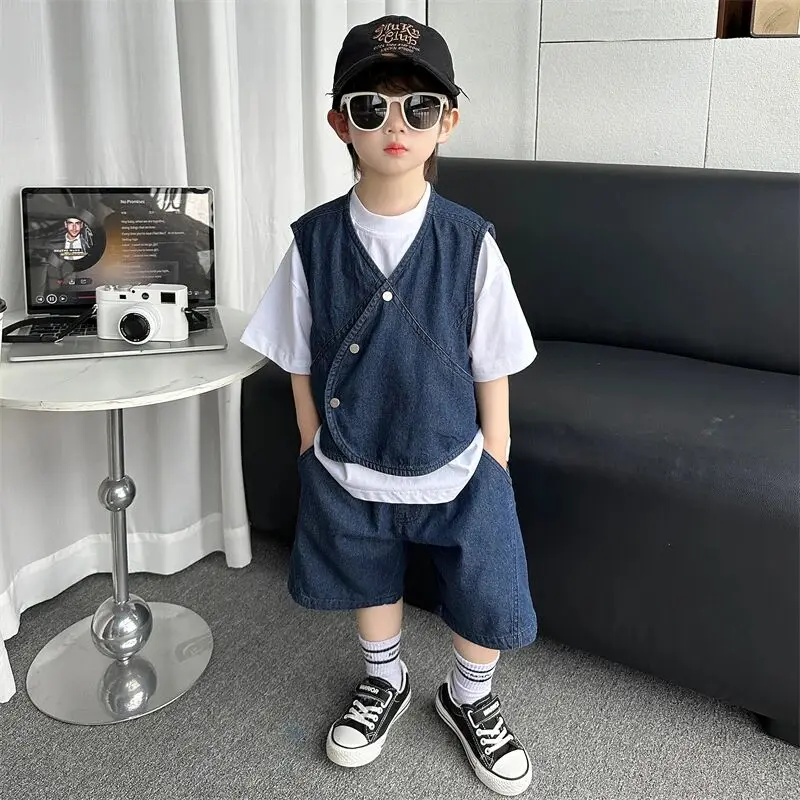 

3-Piece Spring/Summer New Boy Leisure Retro Fashion children Comfort Travel Vacation White Short-Sleeved Denim Vest Pants