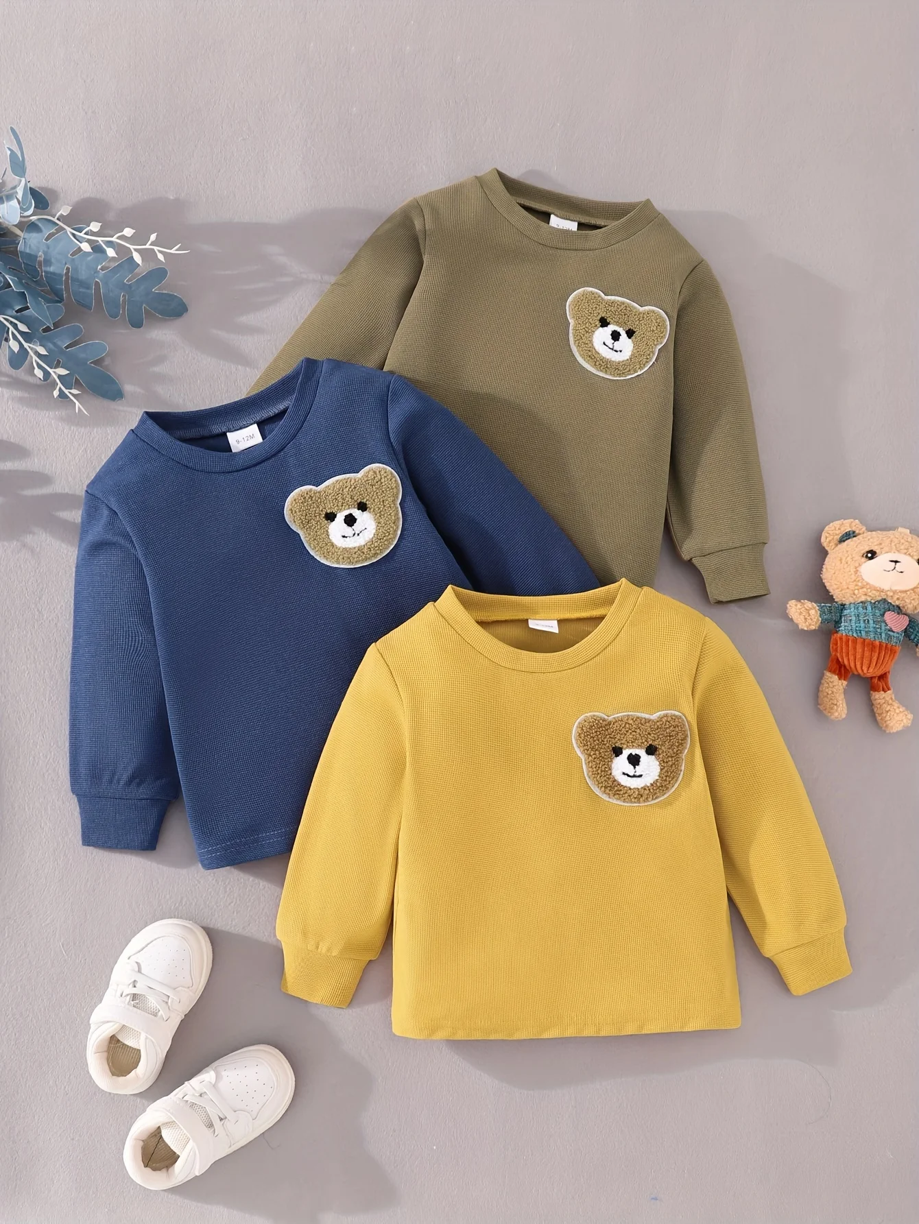 3 Sets Baby Boy Spring And Autumn Cute Bear Stick Cloth Embroidered Waffle Collar Long Sleeve Base Shirt 3 Warm Solid Color