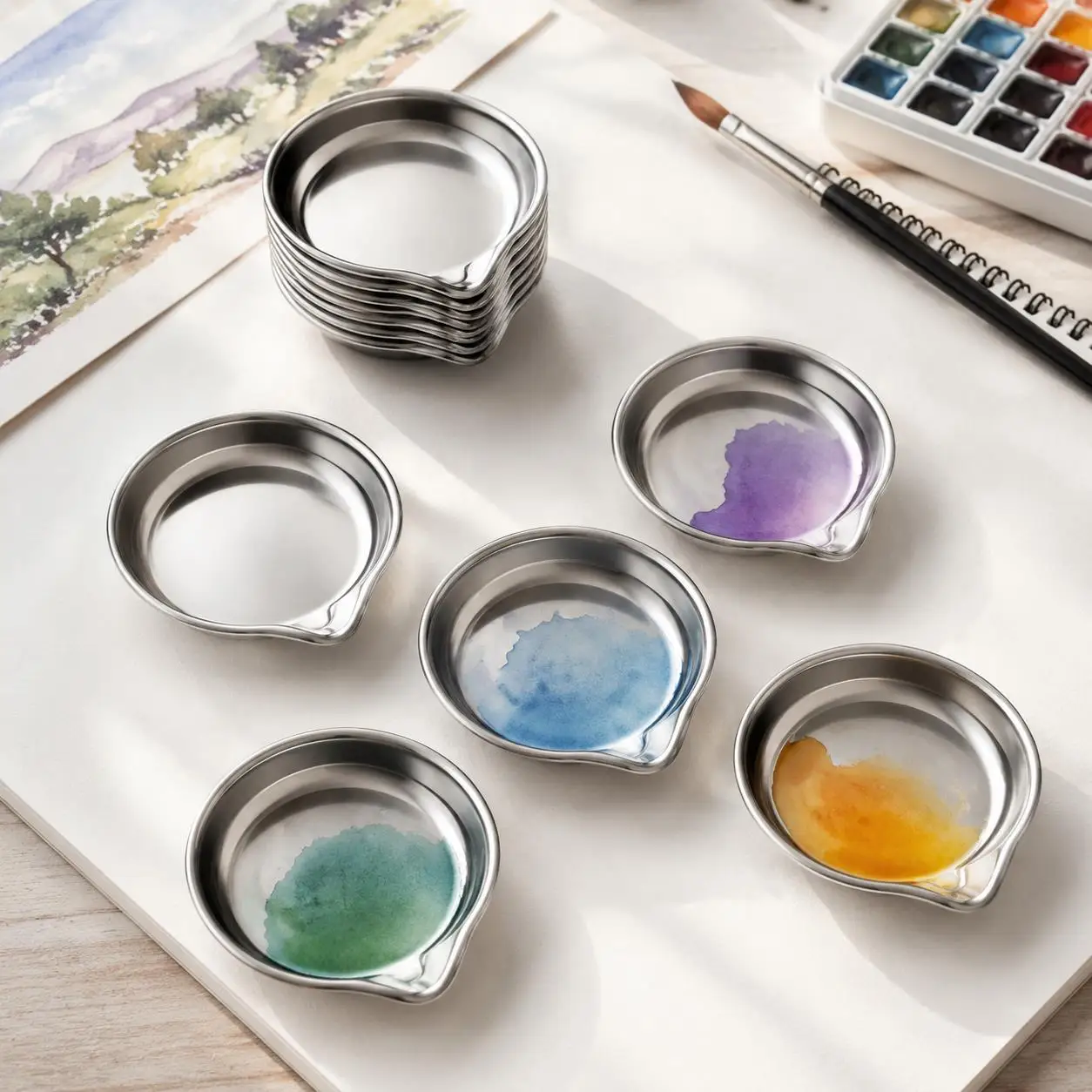 Stainless Steel Watercolor Palette with Spout 6~24pcs Metal Paint Mixing Dish for Acrylic Oil Paint Art Drawing Supplies TMZ