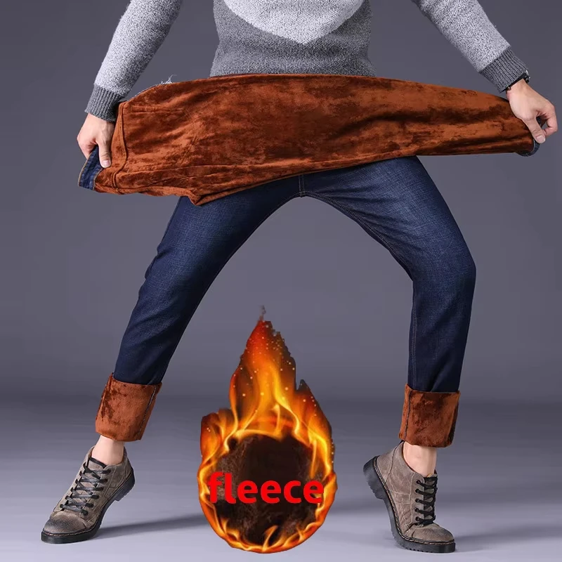 الشتاء الرجال الدافئة جينز سترتش 10XL أفخم الدنيم فضفاض مستقيم بالإضافة إلى حجم السراويل الفضفاضة لارتداء مريح