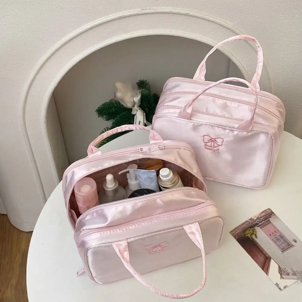 

Большая вместительная косметичка с бантом, тканевая трехслойная сумка для туалетных принадлежностей, многофункциональная сумка для ухода за кожей, пыленепроницаемая сумка для хранения, дорожная сумка