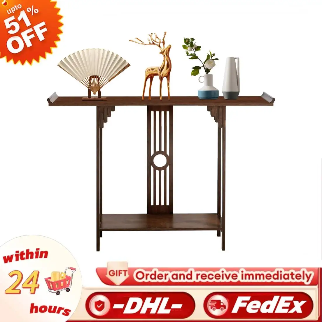 

2 Tiers Entryway Table Chinese Style Bamboo Table 250kg Load Walnut Color Wooden Furniture for Living Room Hallway Sofa Decor