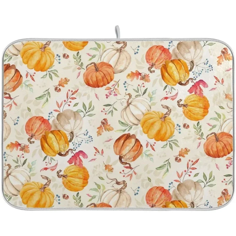 

18"x24" Fall Dish Drying Mat - Watercolor Pumpkin , Absorbent Microfiber Reversible Pad for Kitchen Counter/Dish Rack ﻿