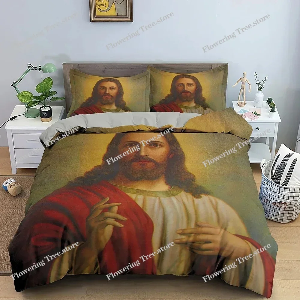 

3D Jesus Duvet Cover Christian Sacred Jesus Bedding Set God Bless You Soft Quilt Cover Set KingQueen Size for Adults Women Men